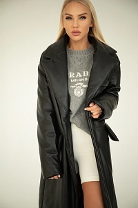 Длинная утеплённая кожаная куртка BLACK