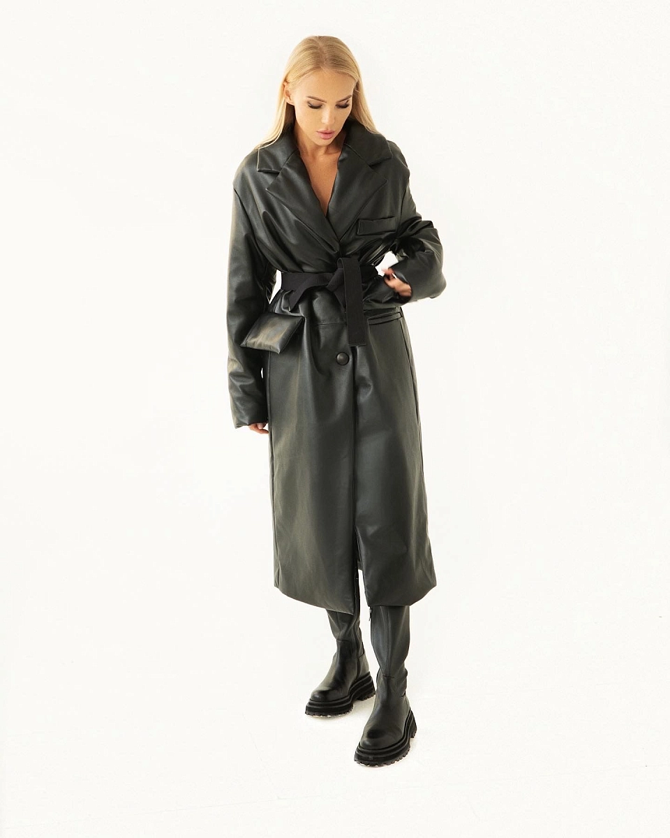 Длинная утеплённая кожаная куртка BLACK