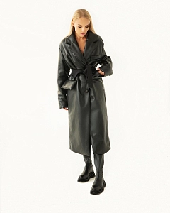 Длинная утеплённая кожаная куртка BLACK