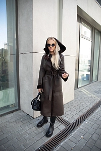 Дубленка двубортная DARK CHOCOLATE с капюшоном