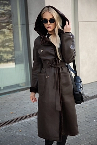 Дубленка двубортная DARK CHOCOLATE с капюшоном