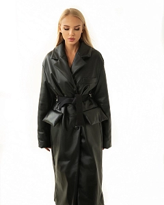 Длинная утеплённая кожаная куртка BLACK